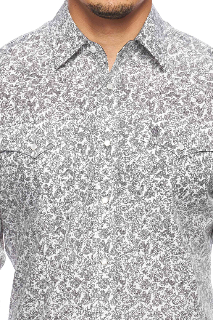 Rodeo Clothing Co. Men's Long Sleeve Western Pearl Snap White & Black Paisley Shirt