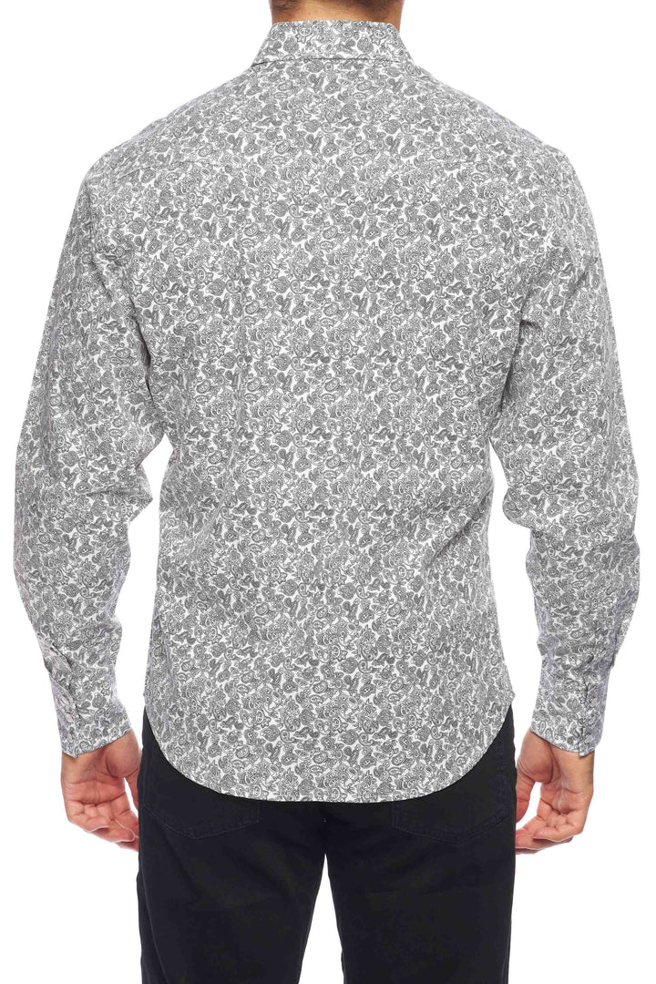 Rodeo Clothing Co. Men's Long Sleeve Western Pearl Snap White & Black Paisley Shirt