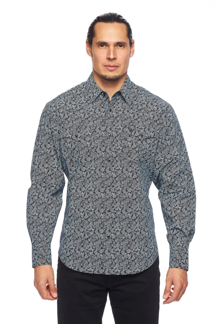 Rodeo Clothing Co. Men's Long Sleeve Western Pearl Snap Black & White Paisley Shirt