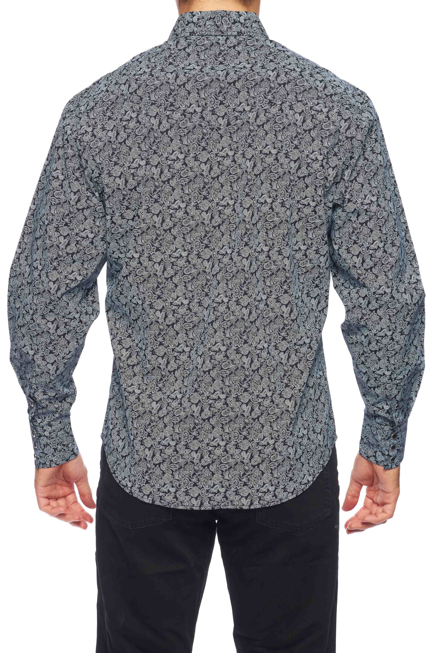 Rodeo Clothing Co. Men's Long Sleeve Western Pearl Snap Black & White Paisley Shirt