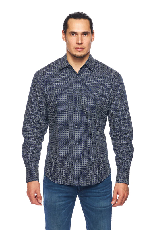 Rodeo Clothing Co. Men's Long Sleeve Shirt - Navy & White Geometric Print