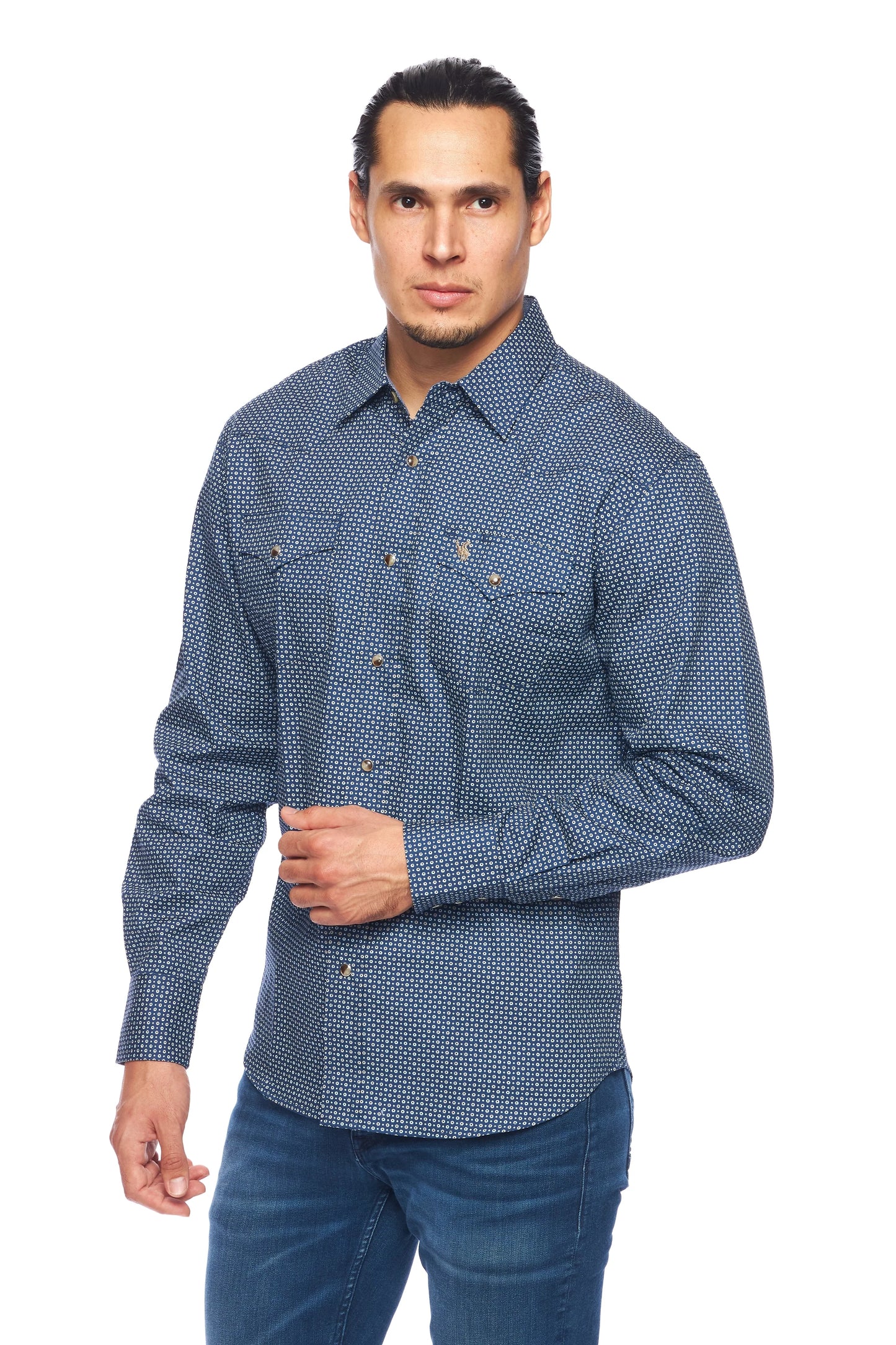 Rodeo Clothing Men's Long Sleeve Shirt - Navy, Blue & White Geometric Print