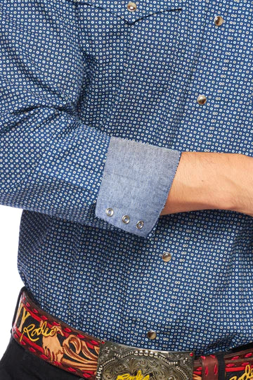 Rodeo Clothing Men's Long Sleeve Shirt - Navy, Blue & White Geometric Print