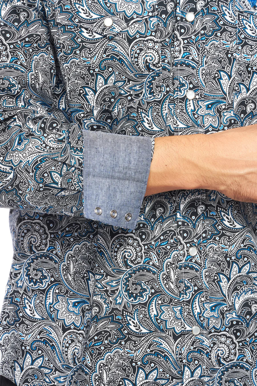 Rodeo Clothing Co. Men's Long Sleeve Shirt - Black, Blue & White Paisley