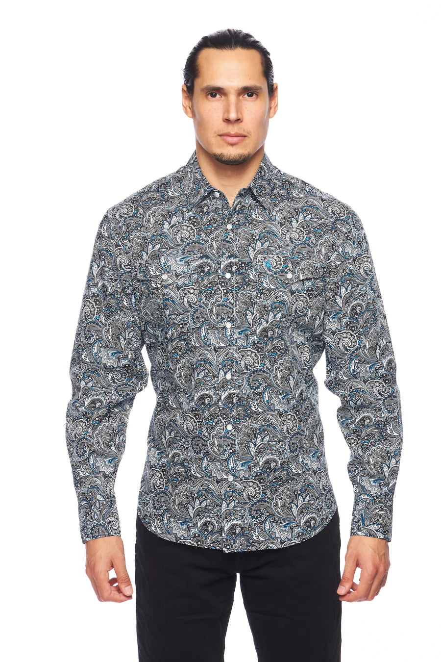 Rodeo Clothing Co. Men's Long Sleeve Shirt - Black, Blue & White Paisley