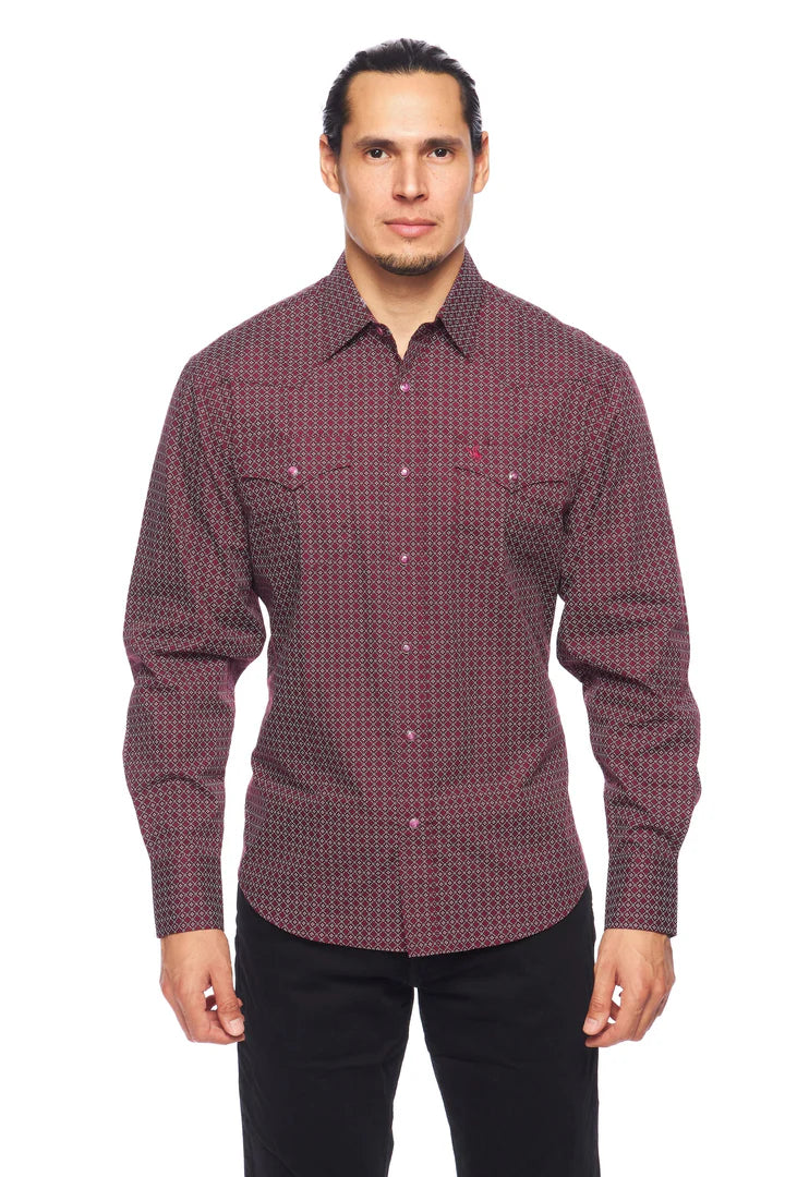 Rodeo Clothing Co. Men's Long Sleeve Western Pearl Snap Burgundy & White Print Shirt