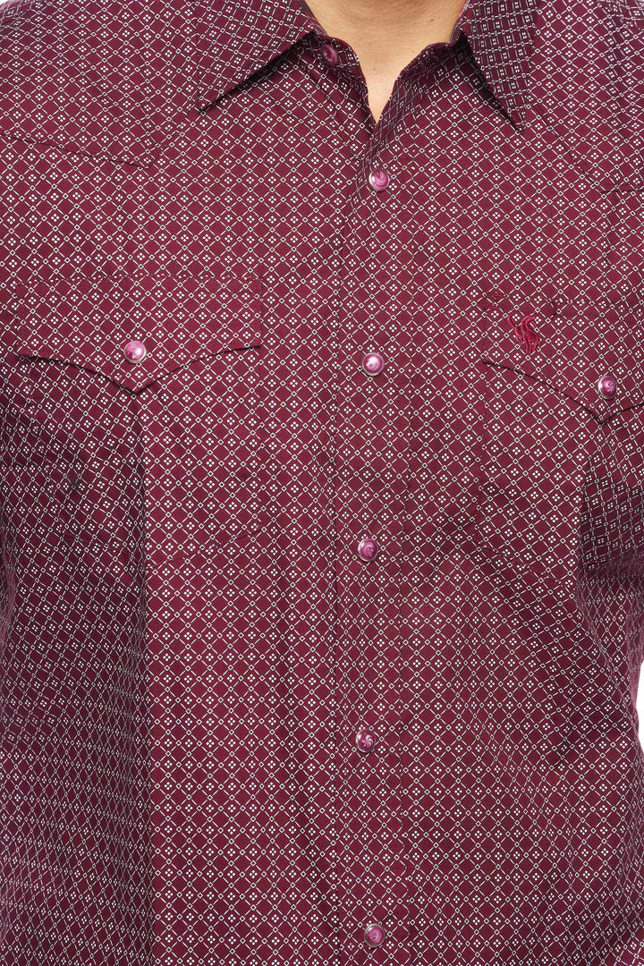 Rodeo Clothing Co. Men's Long Sleeve Western Pearl Snap Burgundy & White Print Shirt