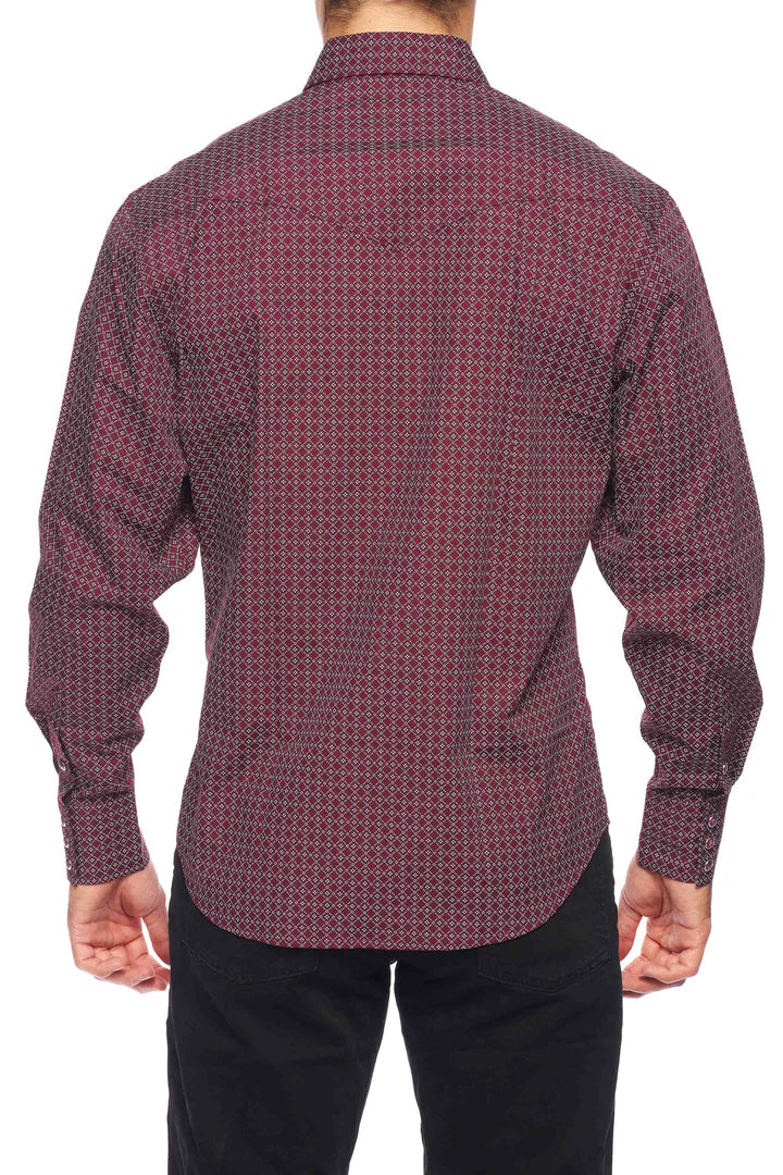 Rodeo Clothing Co. Men's Long Sleeve Western Pearl Snap Burgundy & White Print Shirt