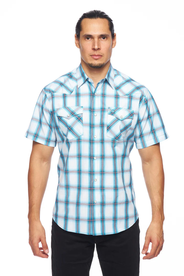 Rodeo Clothing Men's Short Sleeve Shirt - Turquoise, Red & White Plaid