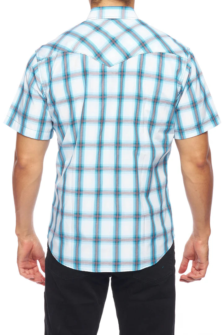 Rodeo Clothing Men's Short Sleeve Shirt - Turquoise, Red & White Plaid