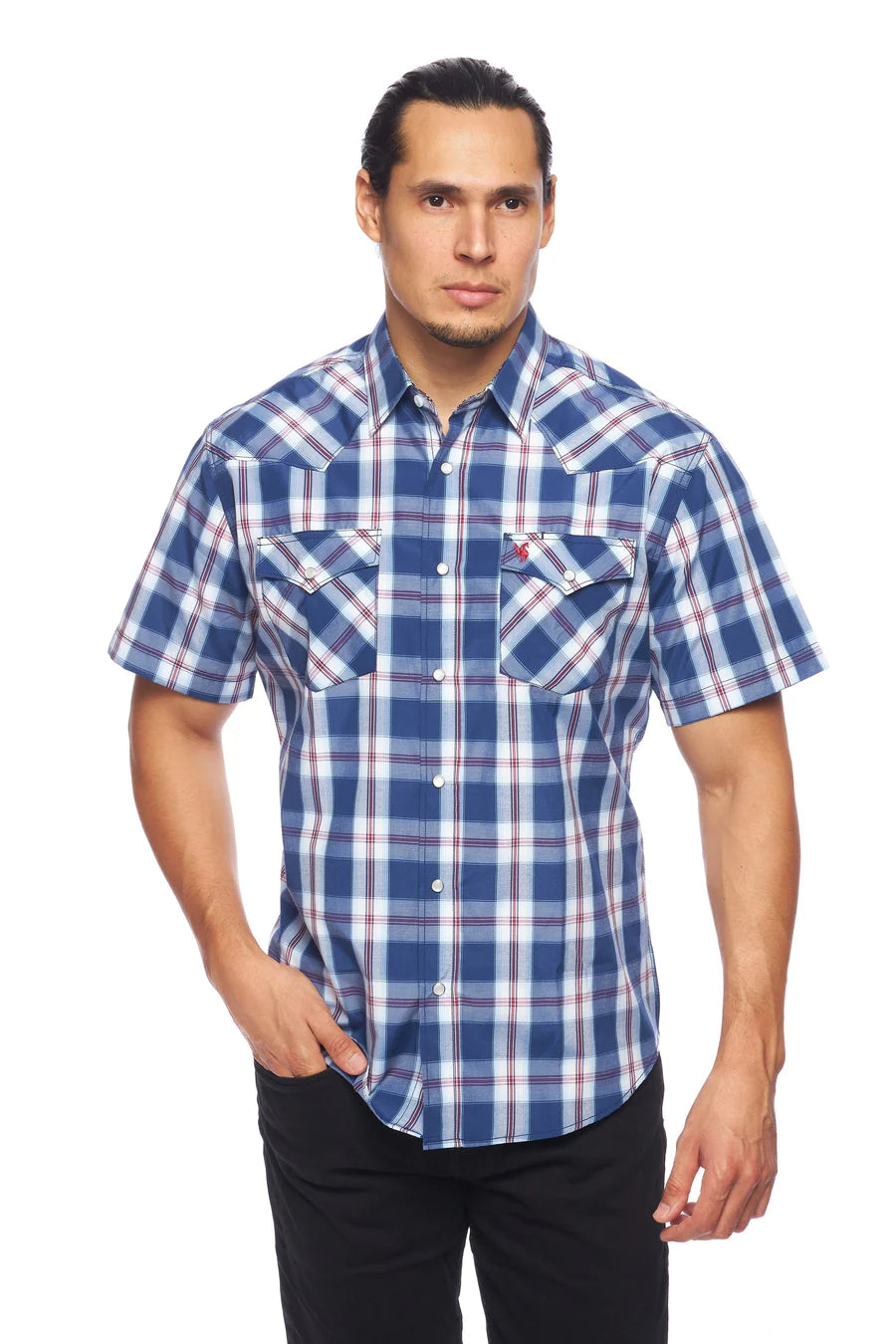 Rodeo Clothing Men's Short Sleeve Shirt - Navy & White Plaid