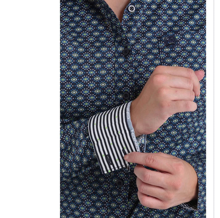 Cinch Women's Long Sleeve Shirt - Geometric Print Navy & White