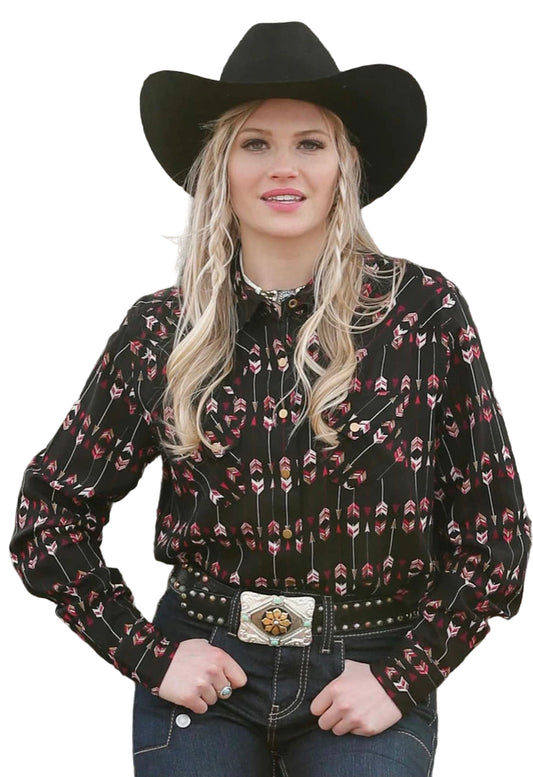 Cruel Denim Women's Long Sleeve Black Rayon Print Western Shirt