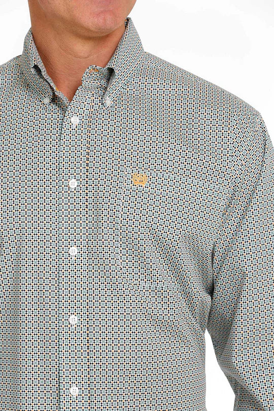 Cinch Men's Long Sleeve Shirt - Geometric Print Grey, Black & Orange
