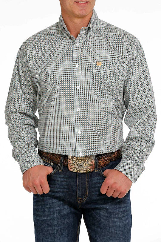 Cinch Men's Long Sleeve Shirt - Geometric Print Grey, Black & Orange