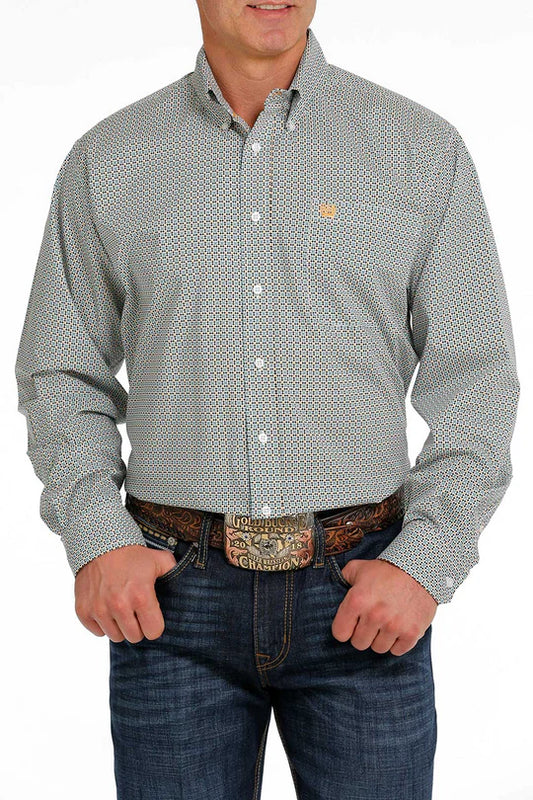 Cinch Men's Long Sleeve Shirt - Geometric Print Grey, Black & Orange