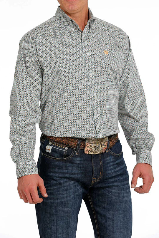 Cinch Men's Long Sleeve Shirt - Geometric Print Grey, Black & Orange