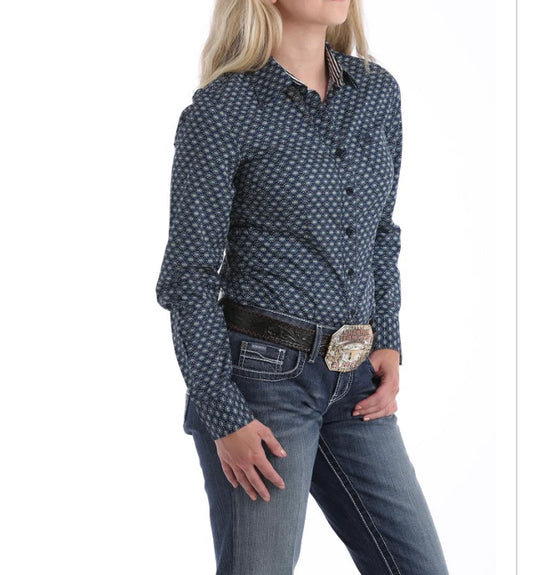 Cinch Women's Long Sleeve Shirt - Geometric Print Navy & White