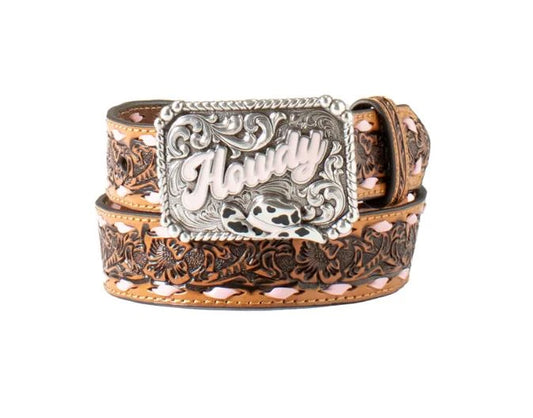 Angel Ranch Girls' Laced Brown Floral Tooled Howdy Buckle Belt