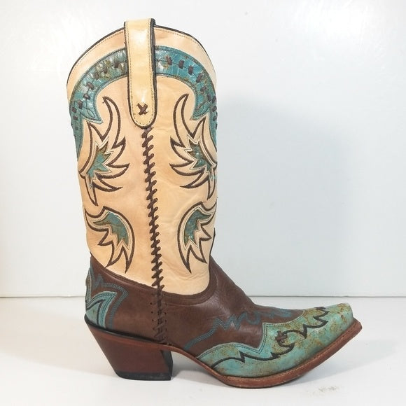 Tony Lama Women's Embroidered Cowboy Boots in Brown, Tan & Teal with Snip Toe