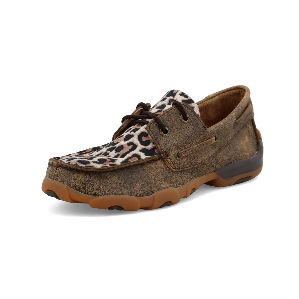 Twisted X Youth Boat Shoe Driving Moc - Distressed Brown and Leopard