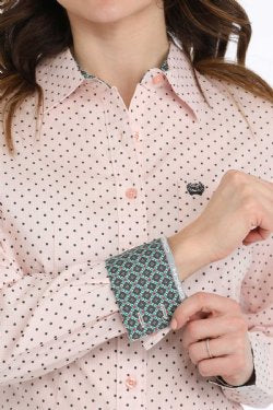 Cinch Women's Long Sleeve Pink with Black Polka Dots Shirt