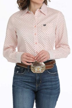 Cinch Women's Long Sleeve Pink with Black Polka Dots Shirt