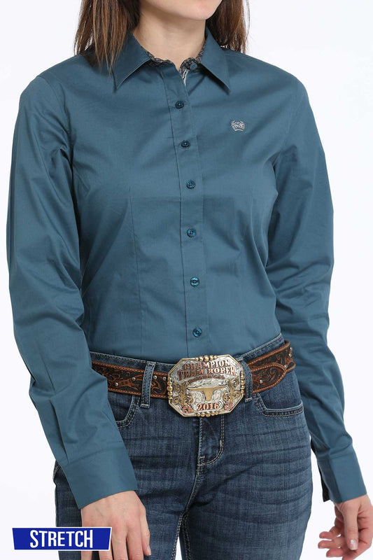 Cinch Women's Long Sleeve Solid Button-Down Western Shirt - Teal