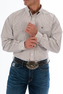 Cinch Men's Long Sleeve Shirt - White & Khaki Stripe