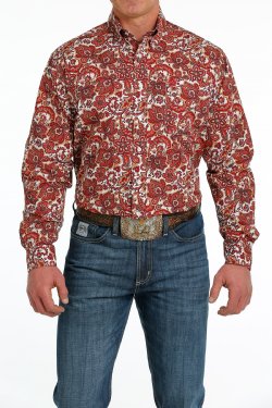 Cinch Men's Long Sleeve Shirt - White, Red & Orange Paisley Print