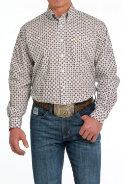 Cinch Men's Long Sleeve Shirt - Medallion Print Red & White