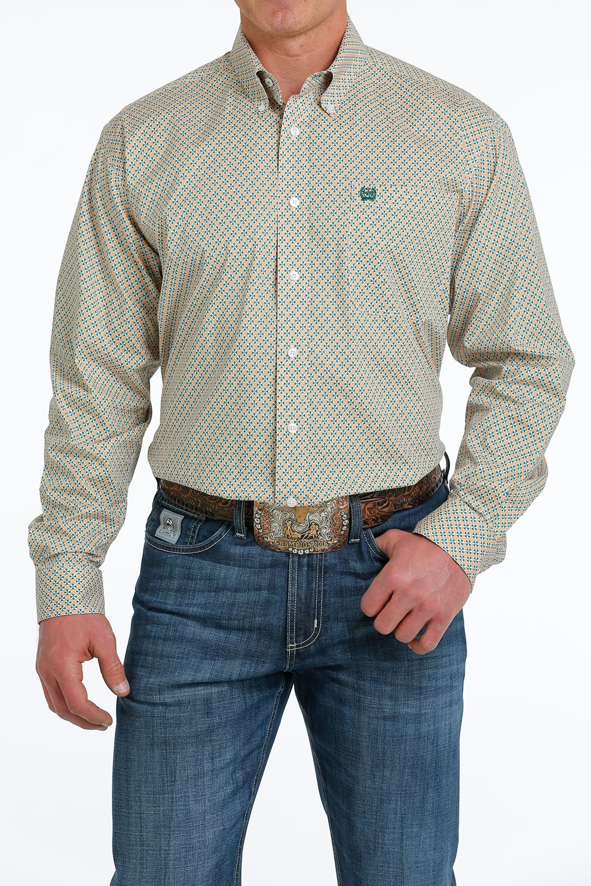 Cinch Men's Long Sleeve Shirt - Geometric Print Green & Orange