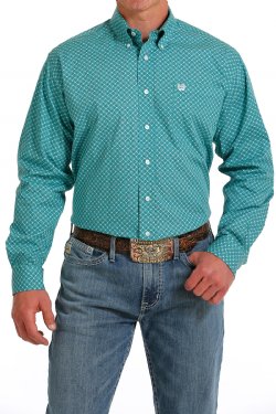 Cinch Men's Long Sleeve Shirt - Medallion Print Turquoise & White