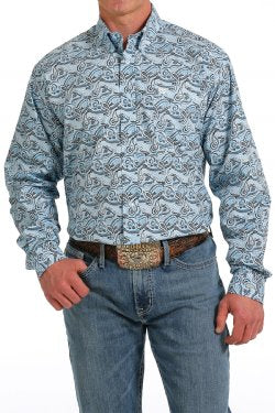 Cinch Men's Long Sleeve Shirt - Paisley Print Light Blue, White & Black