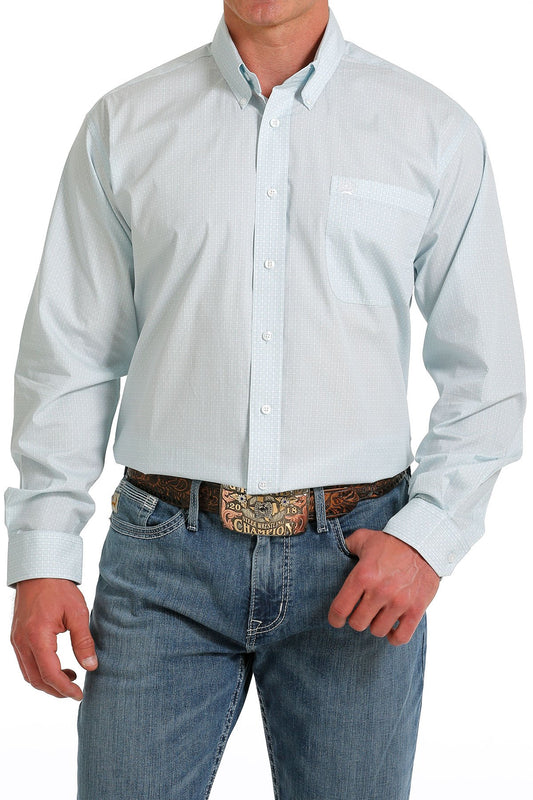 Cinch Men's Long Sleeve Shirt - Geometric Print Light Blue & White