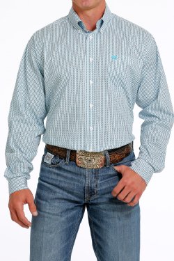 Cinch Men's Long Sleeve Shirt - Geometric Print White & Turquoise