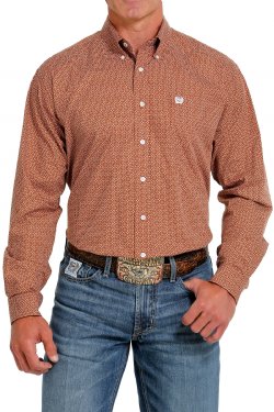 Cinch Men's Long Sleeve Shirts - Geometric Print Brown & Cream