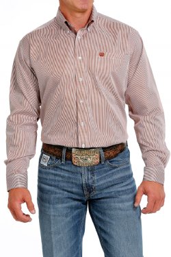 Cinch Men's Long Sleeve Shirt - Brown & White Stripe