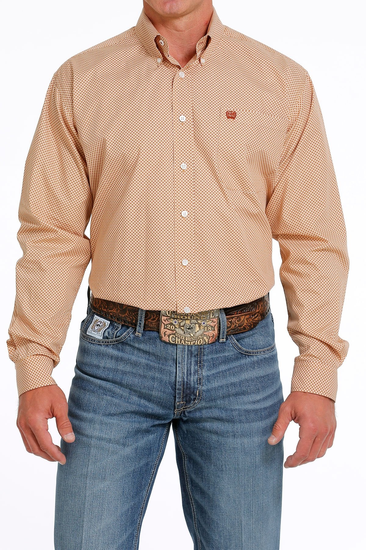 Cinch Men's Long Sleeve Shirt - Geometric Print Khaki & White