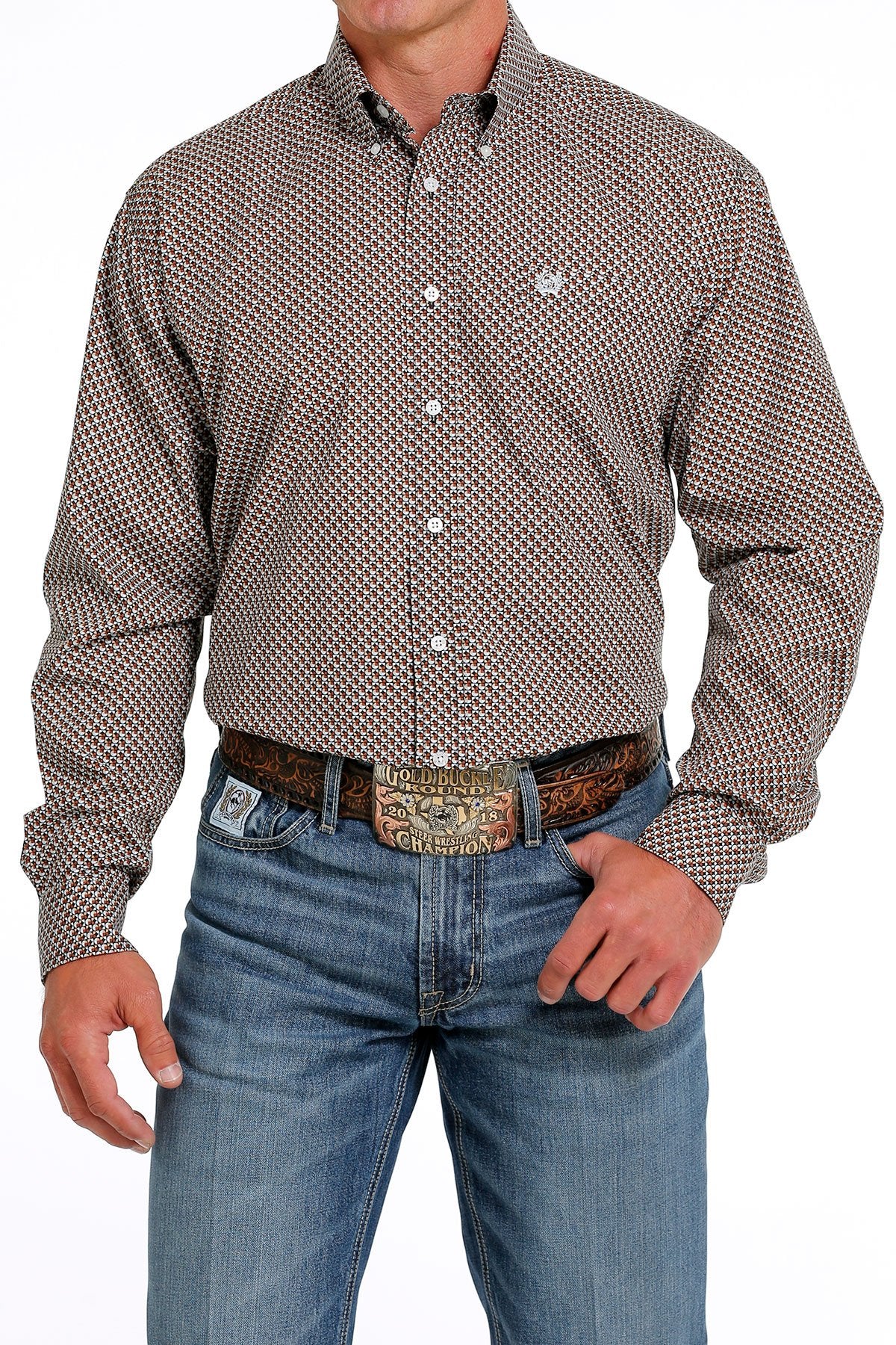 Cinch Men's Long Sleeve Shirt - Geometric Print Black, Brown, Khaki & White