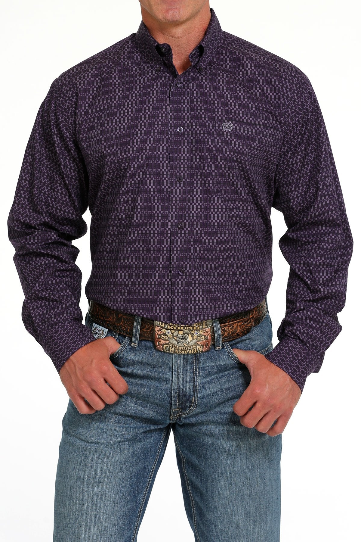 Cinch Men's Long Sleeve Shirt - Geometric Print Purple