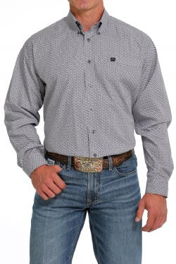 Cinch Men's Long Sleeve Shirt - Geometric Print Grey & White