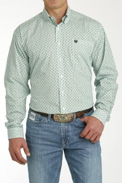 Cinch Men's Long Sleeve Shirt Geometric Print in Cream & Turquoise