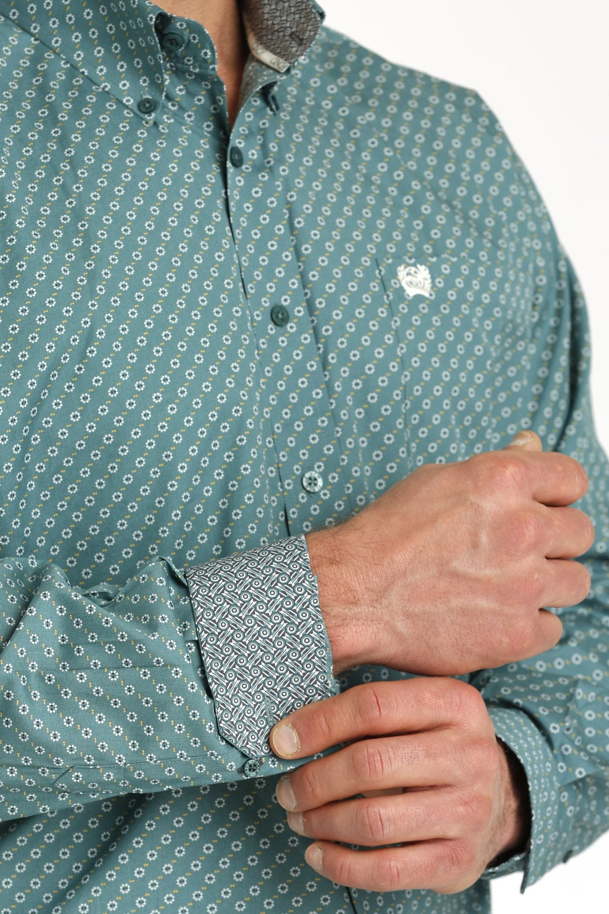 Cinch Men's Long Sleeve Shirt Geometric Print in Green