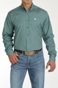 Cinch Men's Long Sleeve Shirt Geometric Print in Green