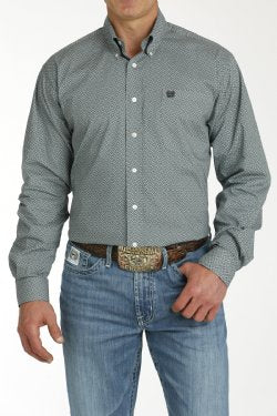 Cinch Men's Long Sleeve Shirt Geometric Print in Green & Cream