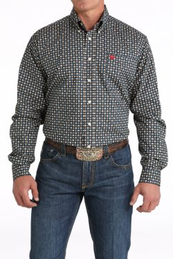 Cinch Men's Long Sleeve Stretch Medallion Print Button-Down Western Shirt - Navy