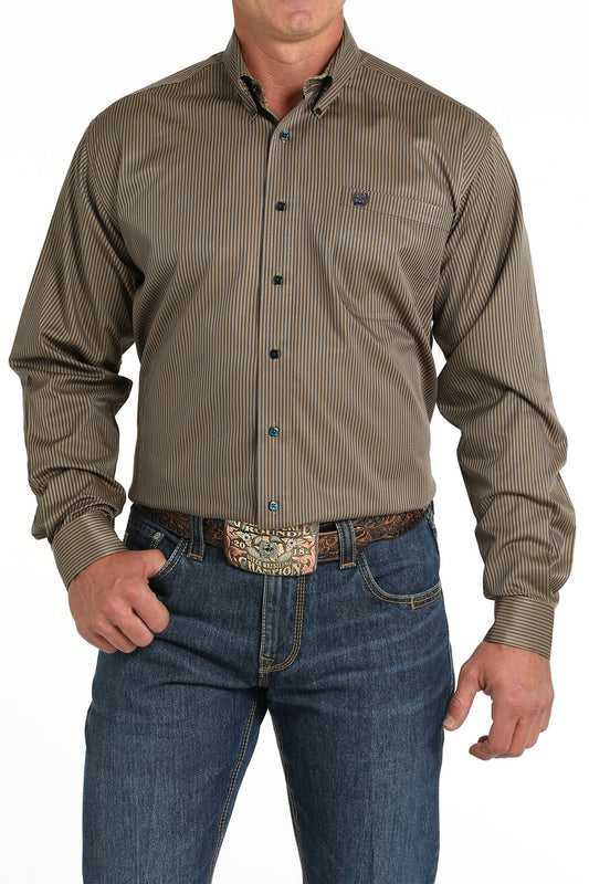 Cinch Men's Long Sleeve Tencel Stripe Print Button-Down Western Shirt - Brown/Navy