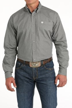 Cinch Men's Long Sleeve Gray Geometric Print Shirt