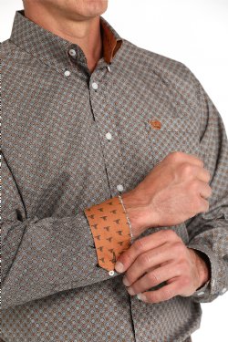 Cinch Men's Long Sleeve Brown Geometric Print Shirt